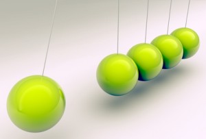 Newton cradle with metallic balls in green, 3d illustration