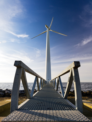 Large modern wind turbine at the Markermeer lake in the Netherlands