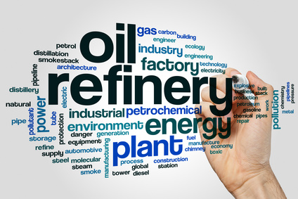 Oil refinery word cloud concept on grey background