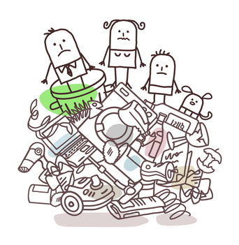 cartoon family on top of big rubbish pile