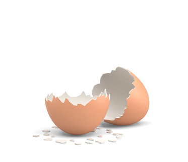 3d rendering of an empty and cracked chicken egg with a brown shell on white background. Agriculture and farming. Cooking ingredients. Unexpected events.