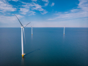 drone view windmill park at sea, windmill farm ocean