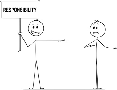 Cartoon stick drawing conceptual illustration of man or businessman holding sign with responsibility text and blaming another man.