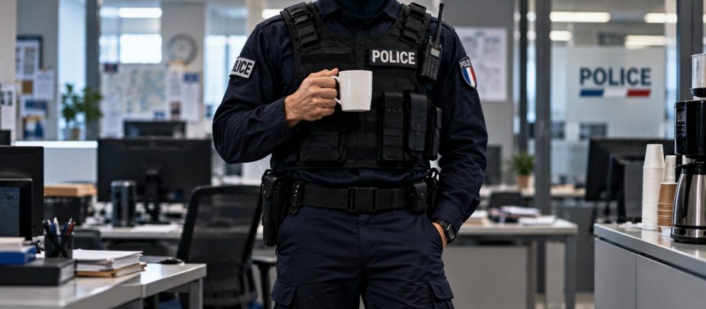 Policier en uniforme prenant une pause café dans un commissariat