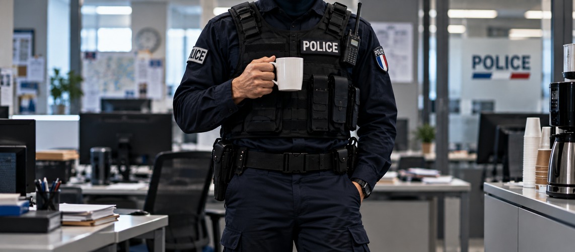 Policier en uniforme prenant une pause café dans un commissariat