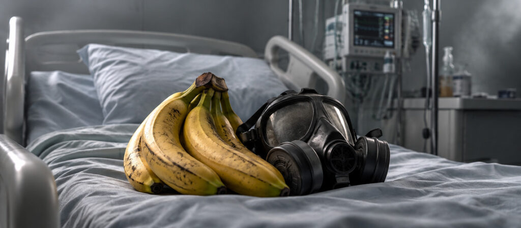 Masque à gaz noir et régime de bananes jaunes posés sur un lit d’hôpital, illustration des enjeux sanitaires liés au chlordécone aux Antilles.