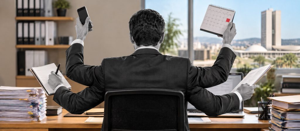 Agent public à plusieurs bras en cumul d'activités tenant un téléphone, un calendrier et des documents.