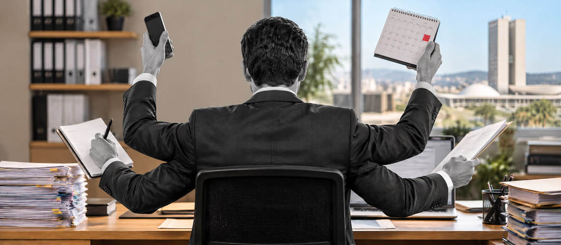 Agent public à plusieurs bras en cumul d'activités tenant un téléphone, un calendrier et des documents.
