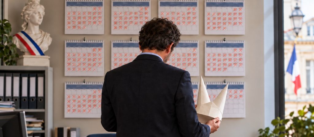 Agent de la fonction publique vu de dos, tenant un bonnet d’âne en papier dans un bureau administratif, devant plusieurs calendriers aux jours barrés