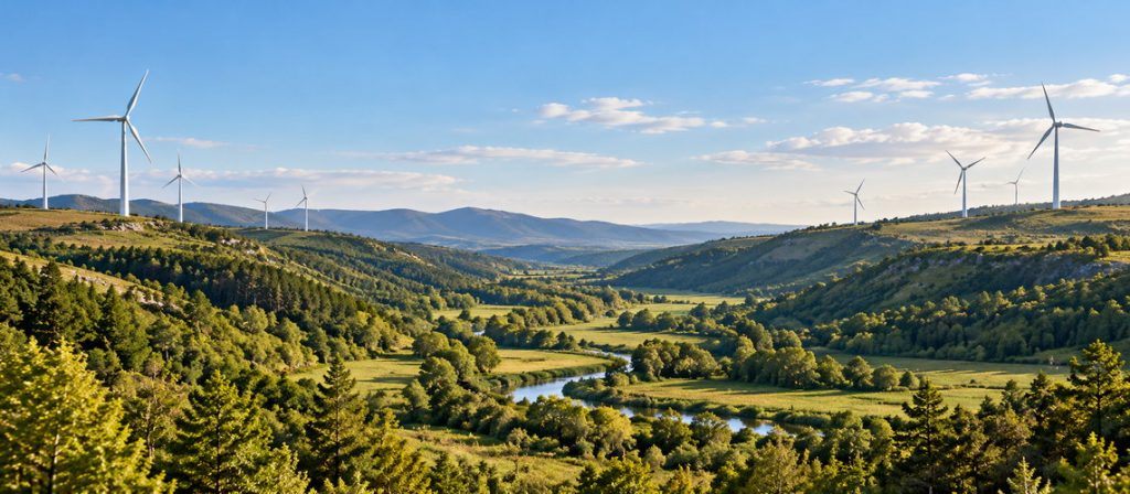 Mesures ERC : éoliennes implantées autour d’un corridor naturel préservé dans un paysage rural