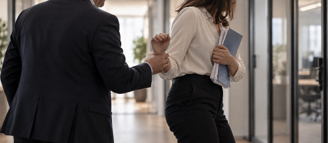Dans un couloir de bureaux, un homme retient le poignet d’une femme qui tente de se dégager, illustrant un comportement insistant dans un contexte professionnel.