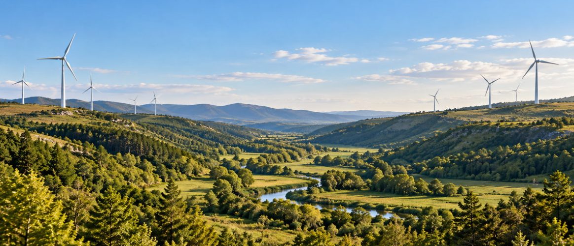 Mesures ERC : éoliennes implantées autour d’un corridor naturel préservé dans un paysage rural