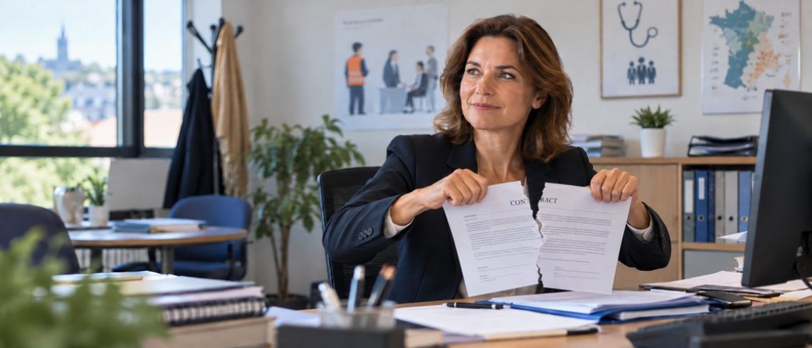 Directrice d’un pôle santé au travail déchirant un contrat dans son bureau, illustration de la création préalable d’un emploi public territorial.